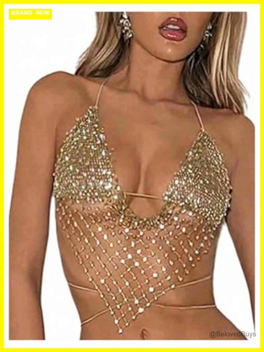 Rhinestone Fishnet Crop Halter Top See-Through Y2K Club Party Top